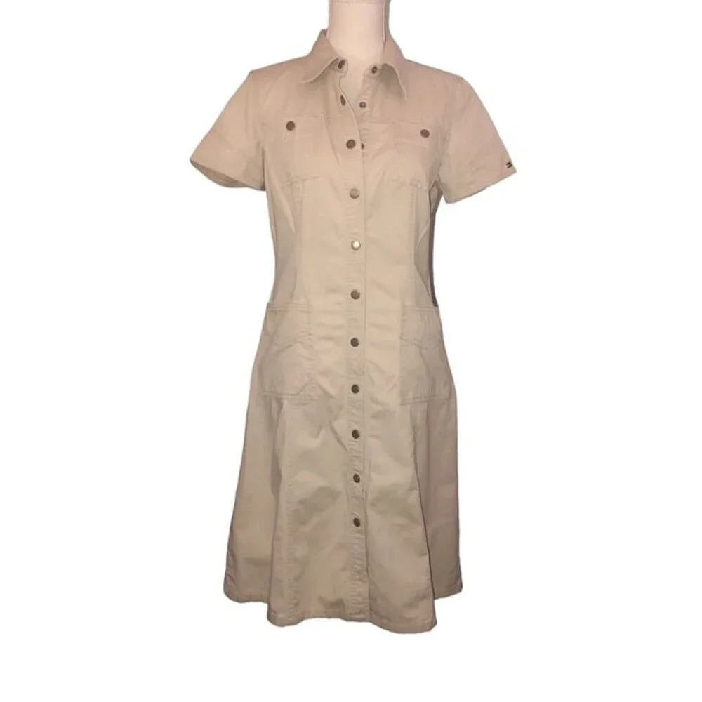 Vintage Y2K '03 TOMMY HILFIGER Sz 8 Womens Khaki Snap Front Collar Pockets Dress